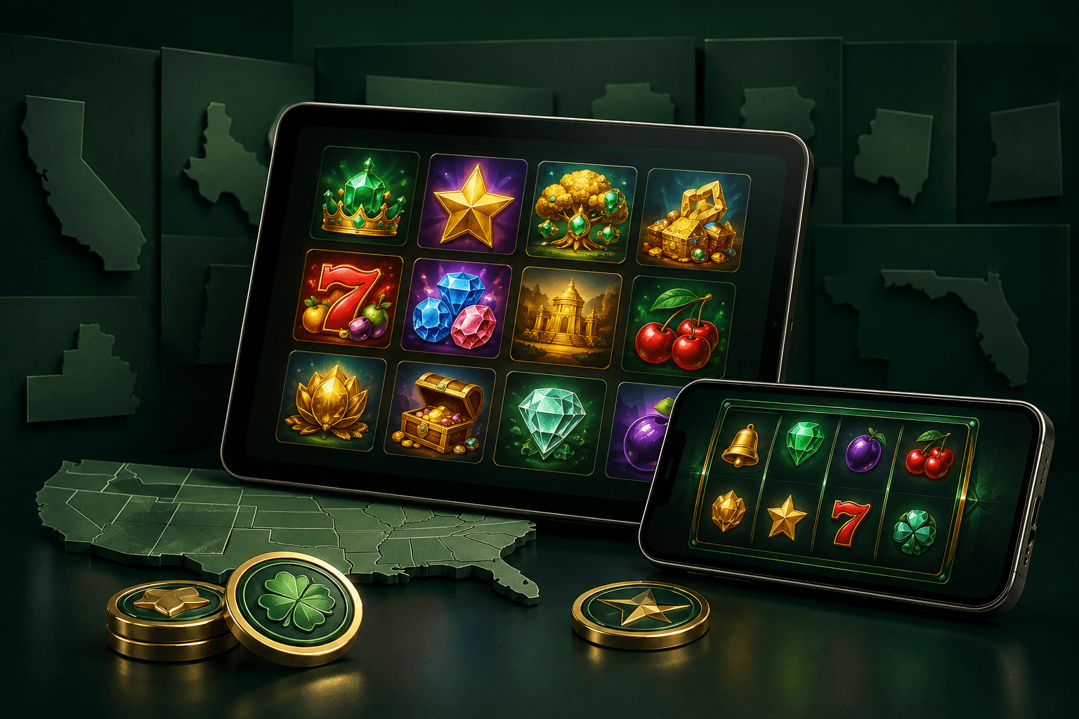 Unbranded online casino games on a tablet and phone beside a US map