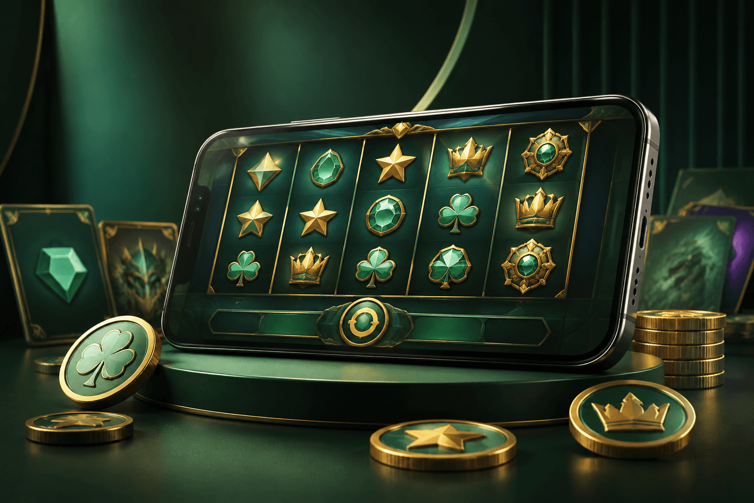 Unbranded online slot game on a smartphone with green and gold virtual coins