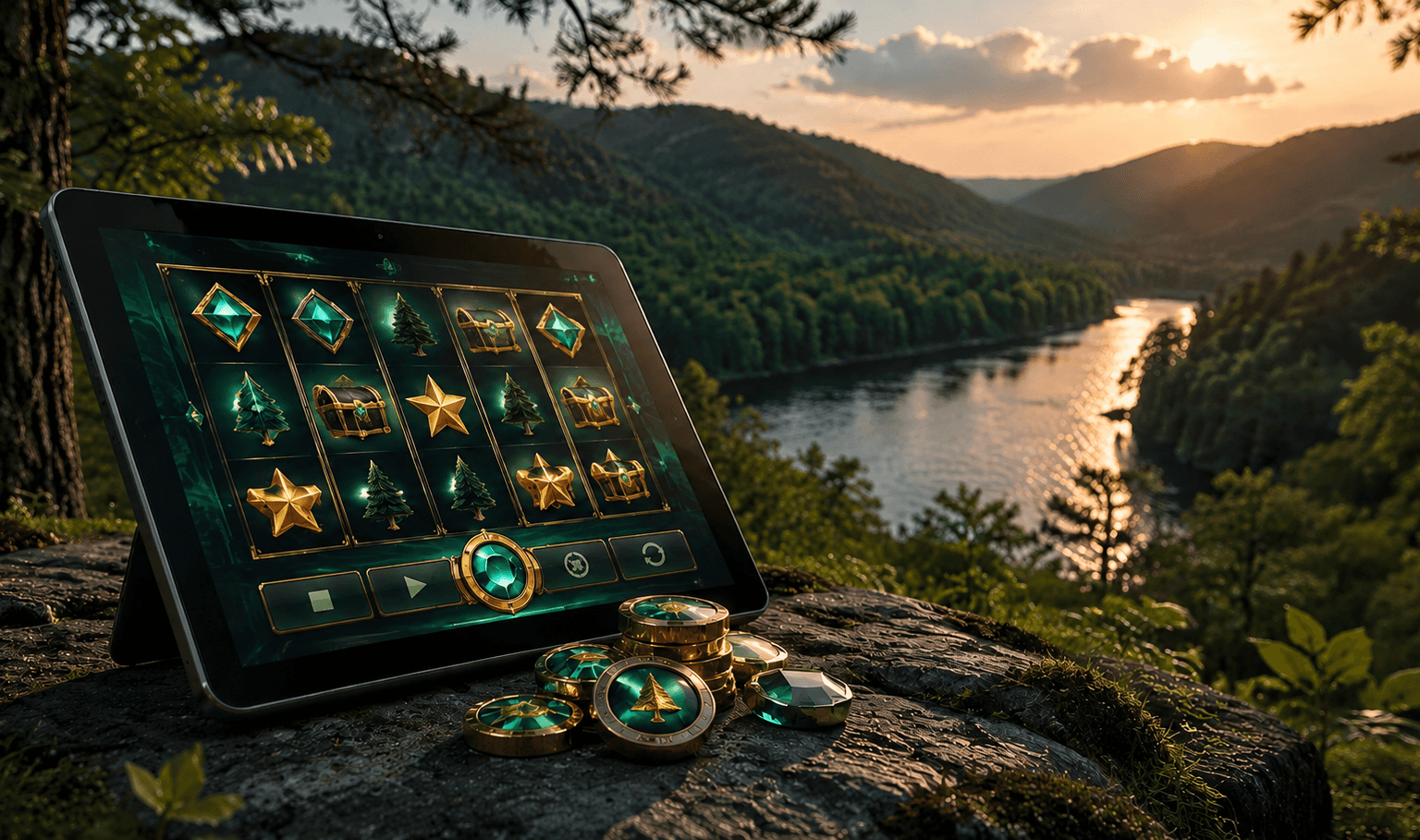 Unbranded online slot game on a tablet beside an Arkansas river