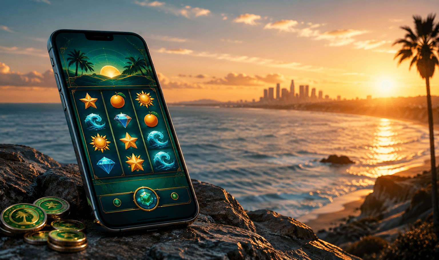 Unbranded online slot game on a phone overlooking the California coast