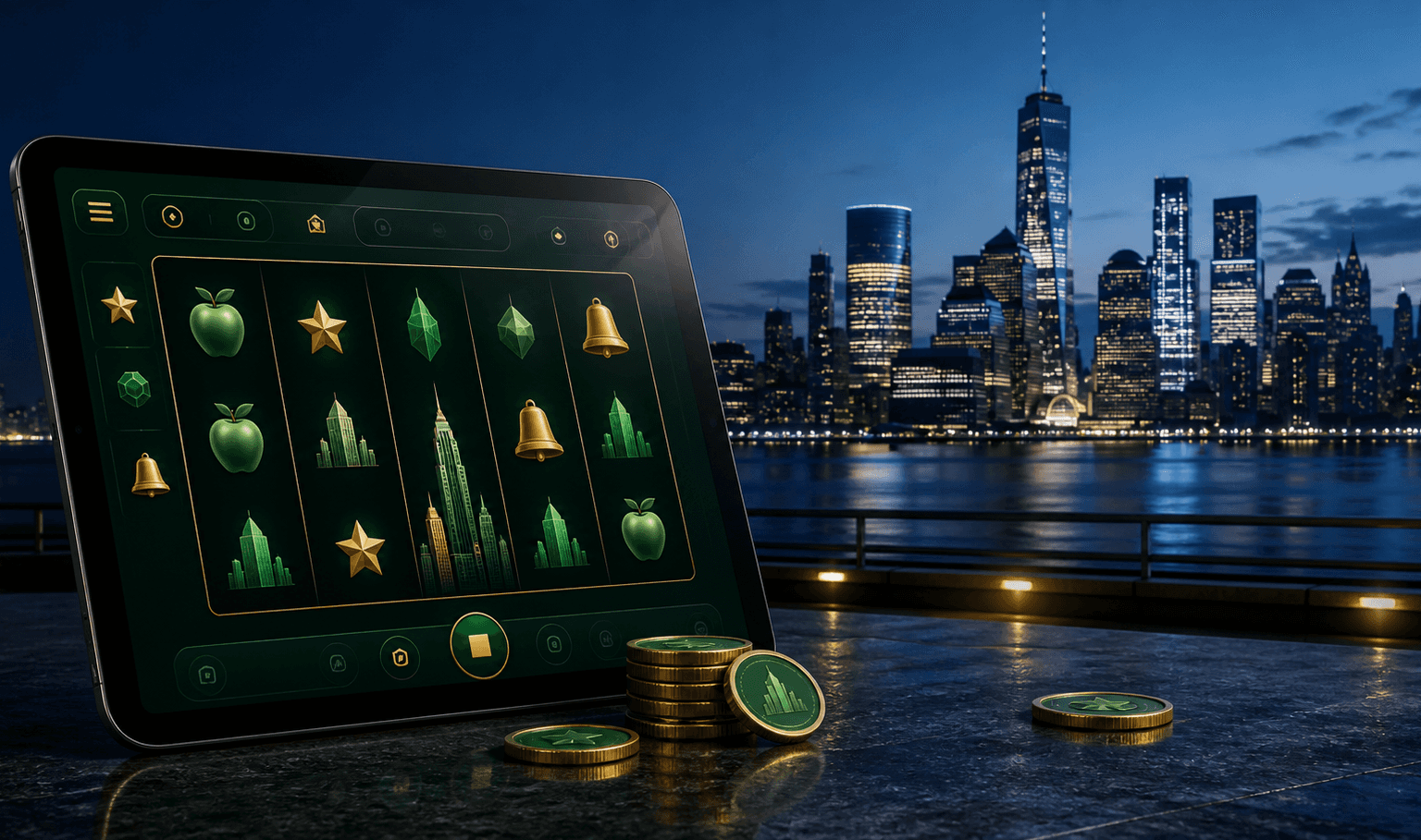 Unbranded online slot game on a tablet beside the Manhattan skyline