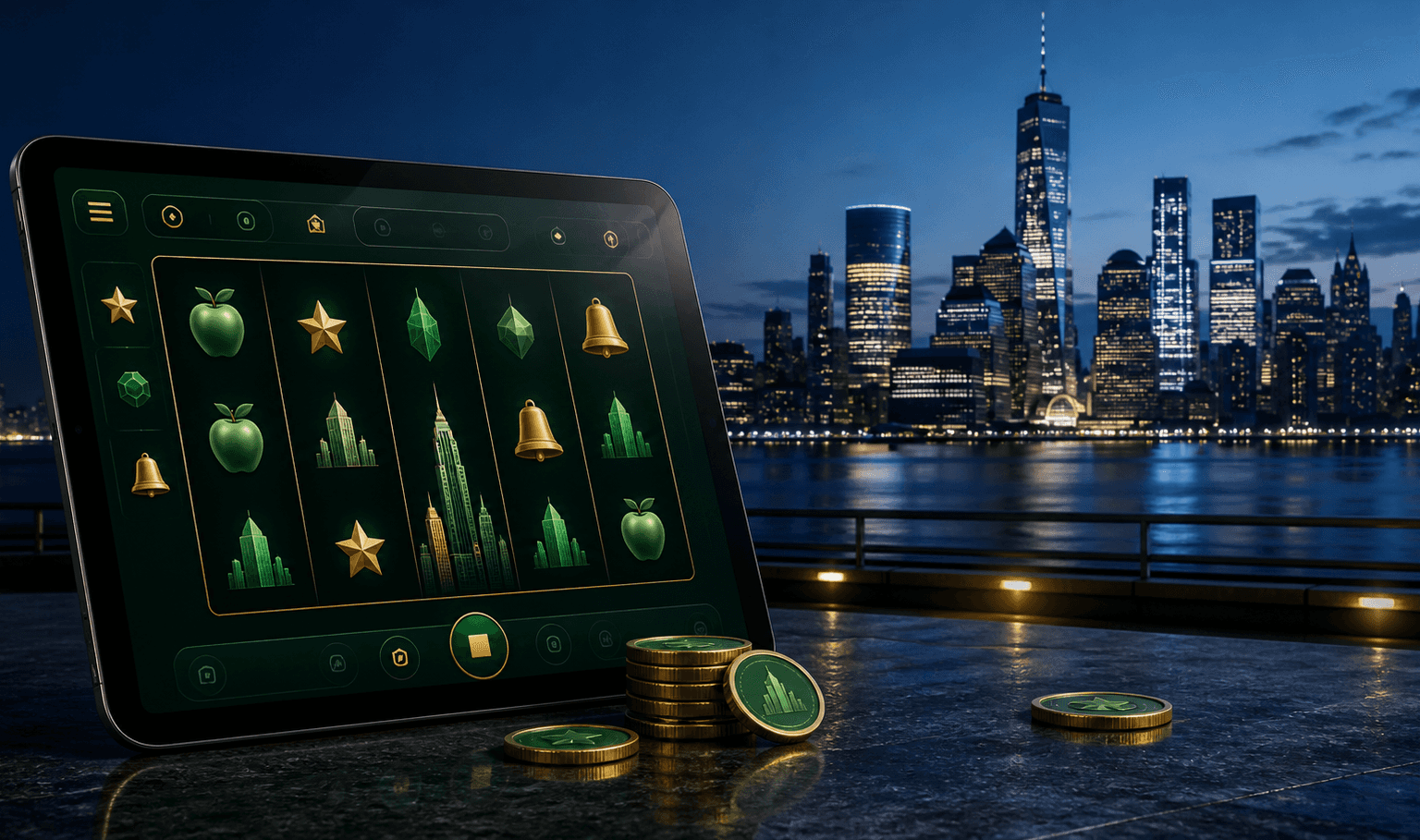 Unbranded online slot game on a tablet beside the Manhattan skyline