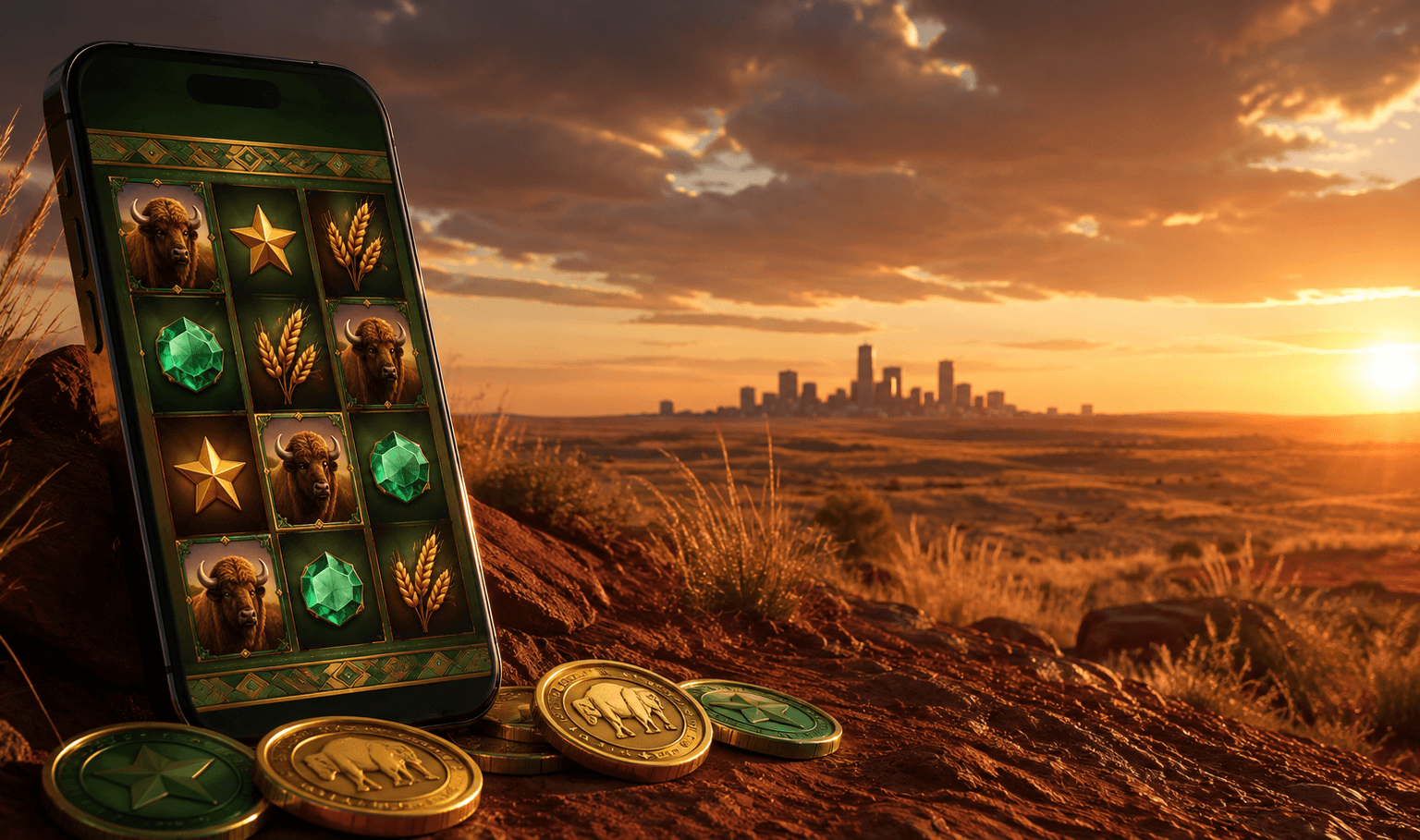 Unbranded online slot game on a phone above an Oklahoma prairie