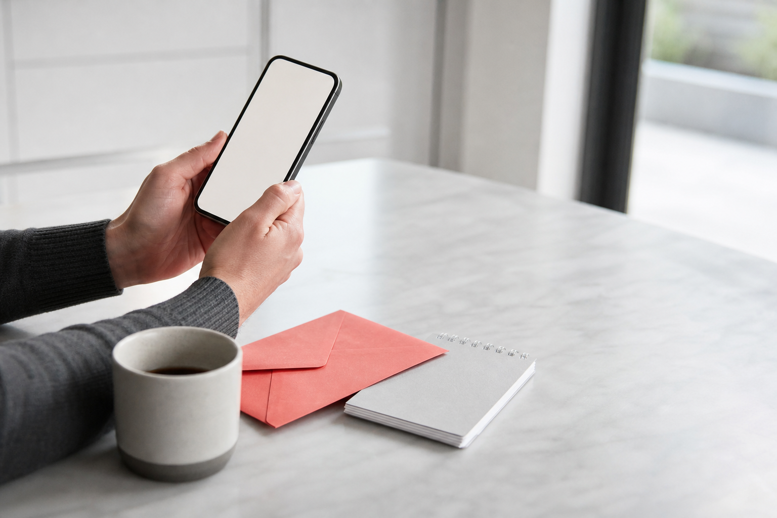 A person reviewing information on a phone beside a coral envelope